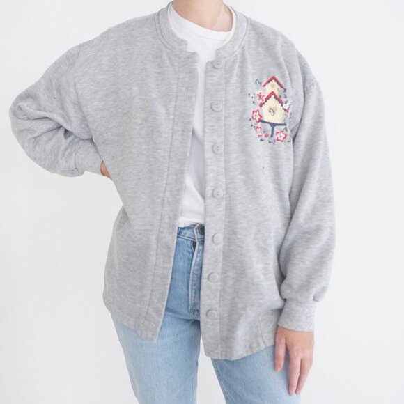 Sweaters - Vintage Bobbie Brooks Grey Embroidered Birdhouse Button Up Cardigan Sweater XL